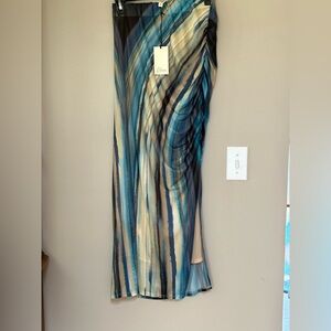 NWT Alara Blue and Green Ruched Waterfall Maxi Skirt